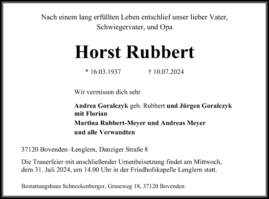 Traueranzeige von Horst Rubbert von Göttinger Tageblatt