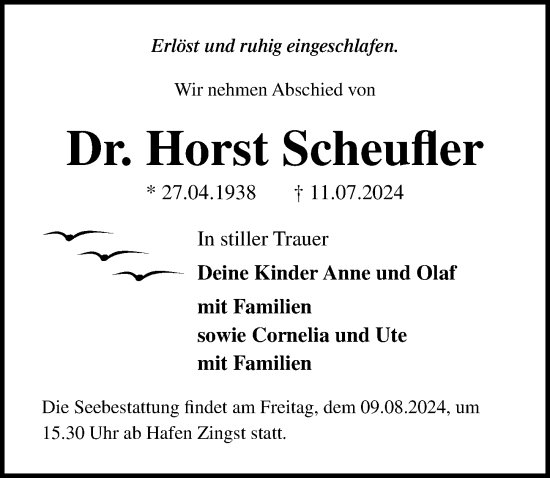 Traueranzeige von Horst Scheufler von Ostsee-Zeitung GmbH