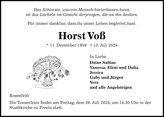 Traueranzeige von Horst Voß von Kieler Nachrichten