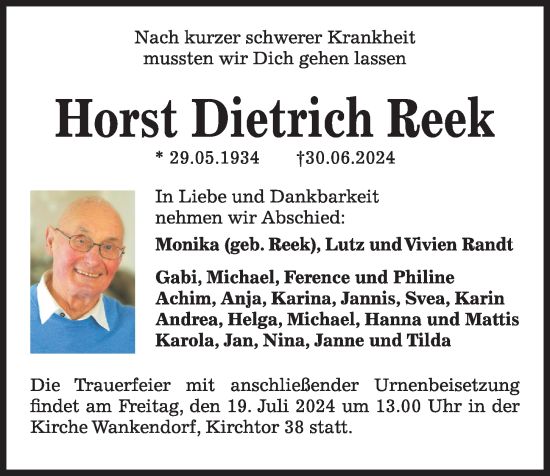 Traueranzeige von Horst Dietrich Reek von Kieler Nachrichten