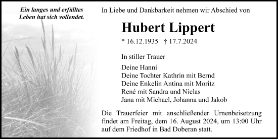 Traueranzeige von Hubert Lippert von Ostsee-Zeitung GmbH