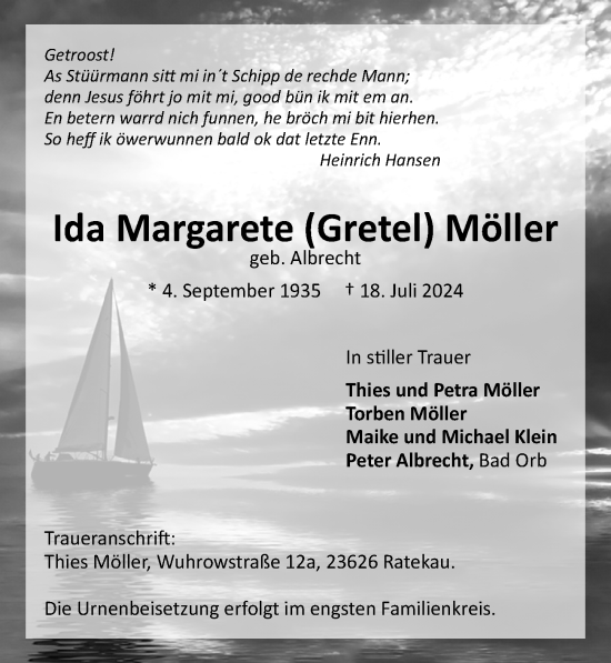 Traueranzeige von Ida Margarete Möller von Lübecker Nachrichten
