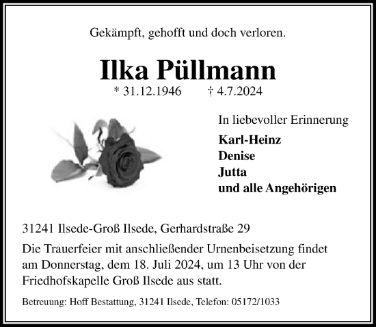 Traueranzeige von Ilka Püllmann von Peiner Allgemeine Zeitung