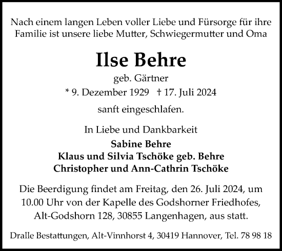 Traueranzeige von Ilse Behre von Hannoversche Allgemeine Zeitung/Neue Presse