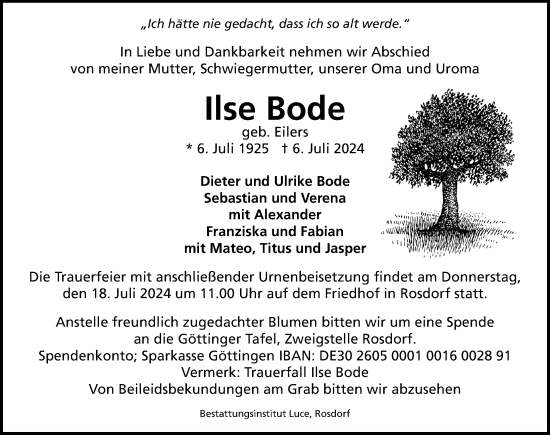 Traueranzeige von Ilse Bode von Göttinger Tageblatt