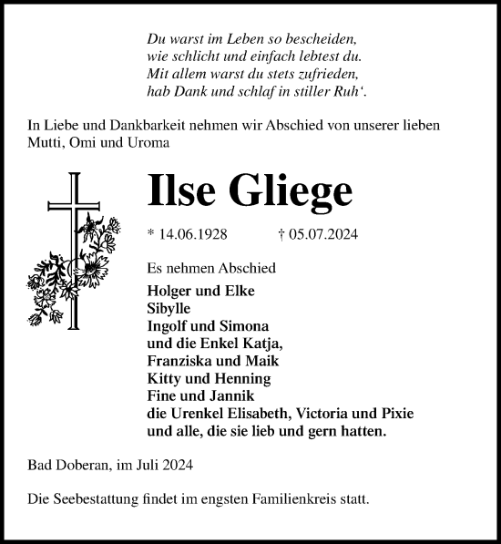 Traueranzeige von Ilse Gliege von Ostsee-Zeitung GmbH