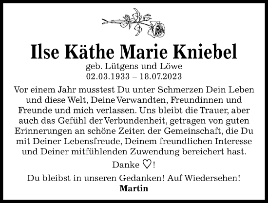 Traueranzeige von Ilse Käthe Marie Kniebel von Kieler Nachrichten