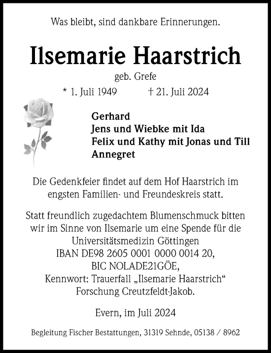 Traueranzeige von Ilsemarie Haarstrich von Hannoversche Allgemeine Zeitung/Neue Presse