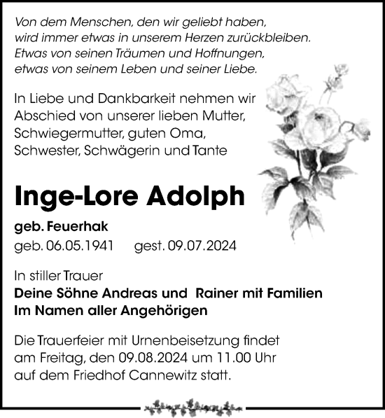 Traueranzeige von Inge-Lore Adolph von Leipziger Volkszeitung