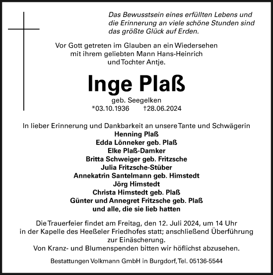 Traueranzeige von Inge Plaß von Hannoversche Allgemeine Zeitung/Neue Presse