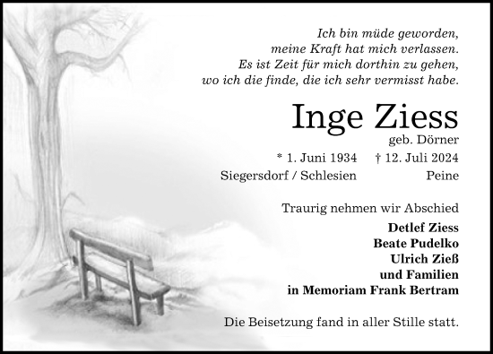Traueranzeige von Inge Ziess von Peiner Allgemeine Zeitung