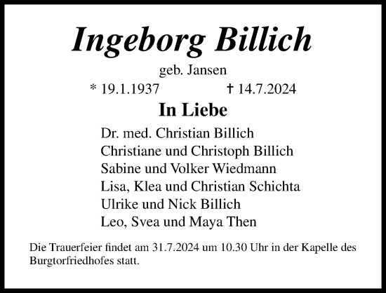 Traueranzeige von Ingeborg Billich von Lübecker Nachrichten