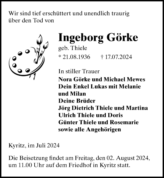 Traueranzeige von Ingeborg Görke von Märkischen Allgemeine Zeitung