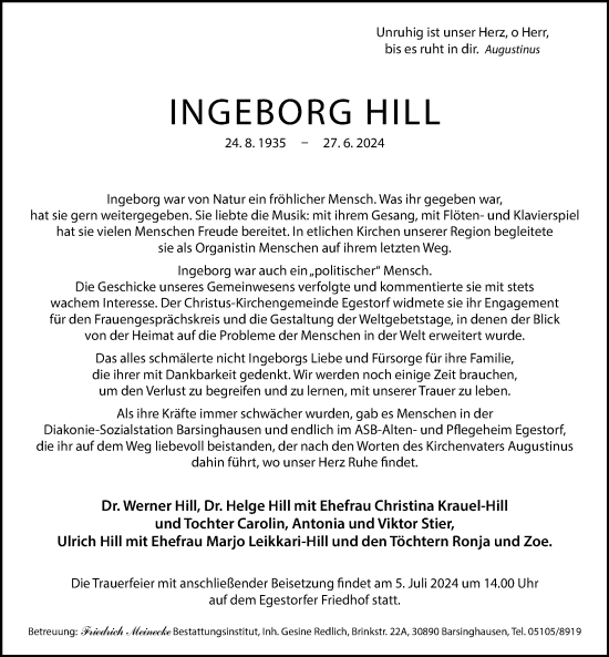 Traueranzeige von Ingeborg Hill von Hannoversche Allgemeine Zeitung/Neue Presse