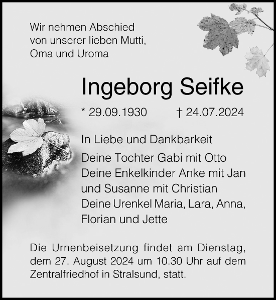 Traueranzeige von Ingeborg Seifke von Ostsee-Zeitung GmbH