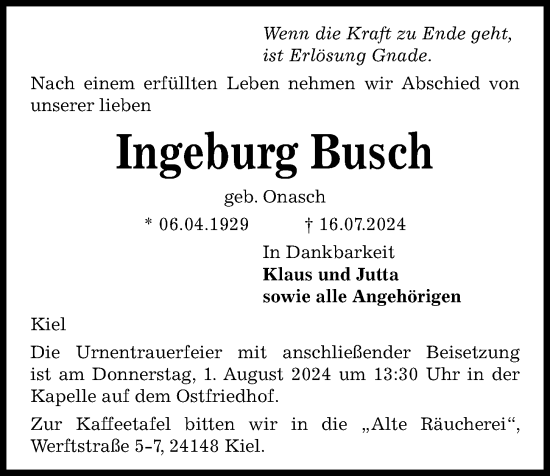 Traueranzeige von Ingeburg Busch von Kieler Nachrichten