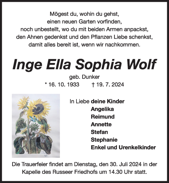 Traueranzeige von Inge Ella Sophia Wolf von Kieler Nachrichten
