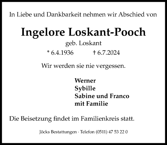 Traueranzeige von Ingelore Loskant-Pooch von Hannoversche Allgemeine Zeitung/Neue Presse