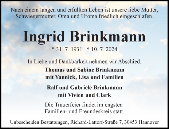 Traueranzeige von Ingrid Brinkmann von Hannoversche Allgemeine Zeitung/Neue Presse