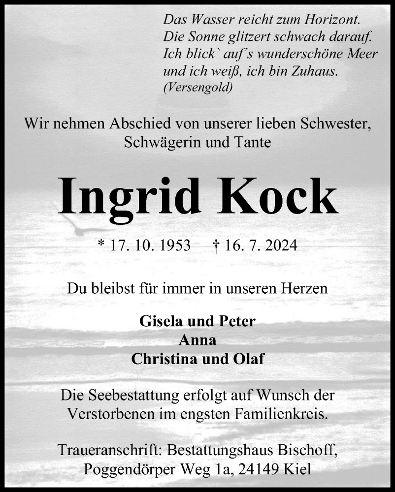  Traueranzeige für Ingrid Kock vom 20.07.2024 aus Kieler Nachrichten