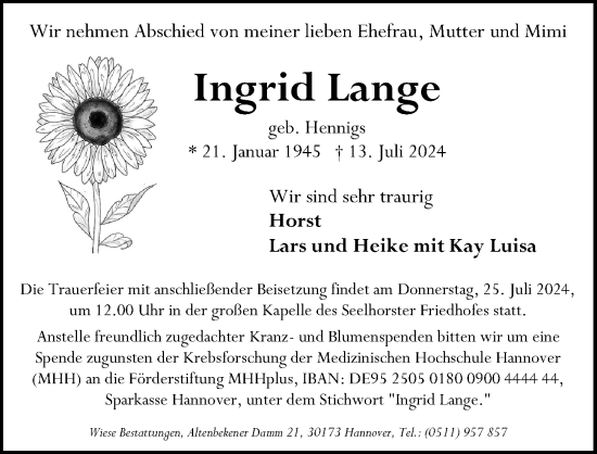 Traueranzeige von Ingrid Lange von Hannoversche Allgemeine Zeitung/Neue Presse