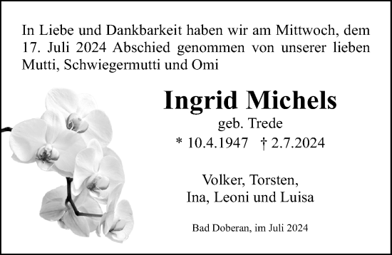 Traueranzeige von Ingrid Michels von Ostsee-Zeitung GmbH
