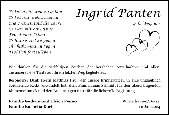 Traueranzeige von Ingrid Panten von Wochenspiegel