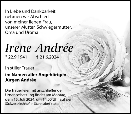 Traueranzeige von Irene Andrée von Märkischen Allgemeine Zeitung