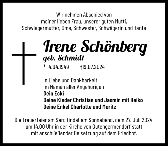 Traueranzeige von Irene Schönberg von Märkischen Allgemeine Zeitung