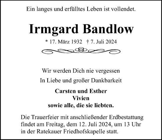 Traueranzeige von Irmgard Bandlow von Lübecker Nachrichten