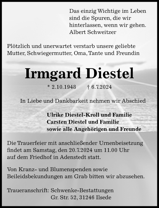Traueranzeige von Irmgard Diestel von Peiner Allgemeine Zeitung