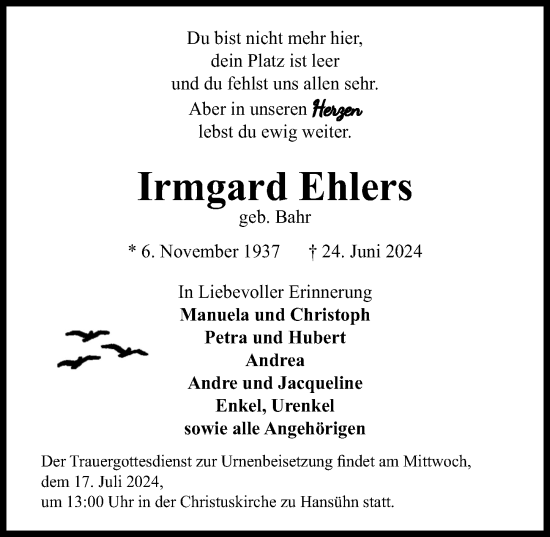 Traueranzeige von Irmgard Ehlers von Lübecker Nachrichten