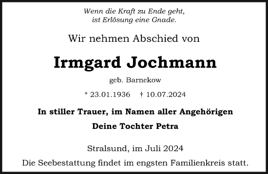 Traueranzeige von Irmgard Jochmann von Ostsee-Zeitung GmbH