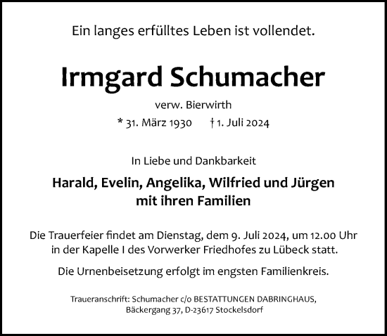 Traueranzeige von Irmgard Schumacher von Lübecker Nachrichten