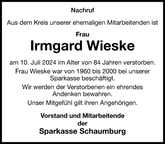 Traueranzeige von Irmgard Wieske von Schaumburger Nachrichten und Schaumburger Zeitung/ Landes-Zeitung