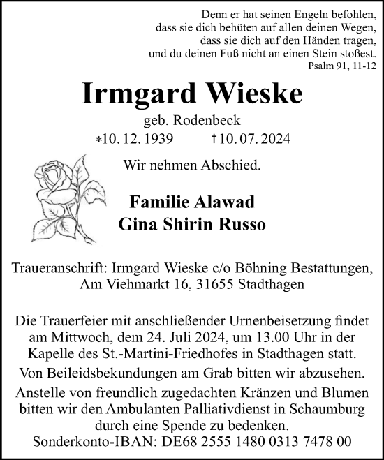 Traueranzeige von Irmgard Wieske von Schaumburger Nachrichten