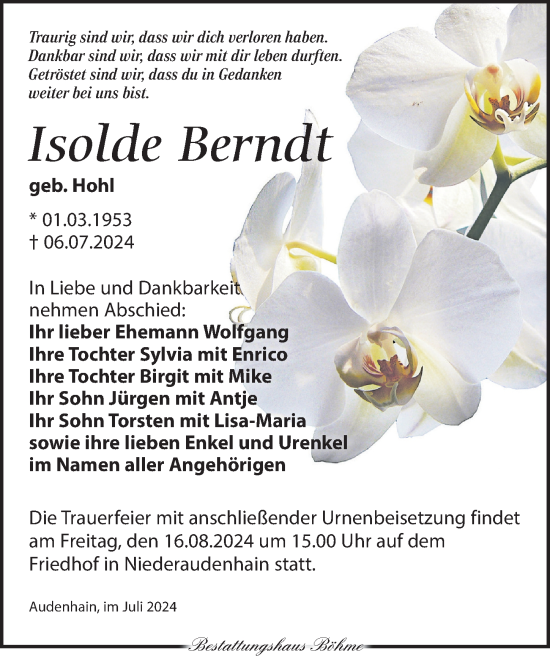 Traueranzeige von Isolde Berndt von Torgauer Zeitung