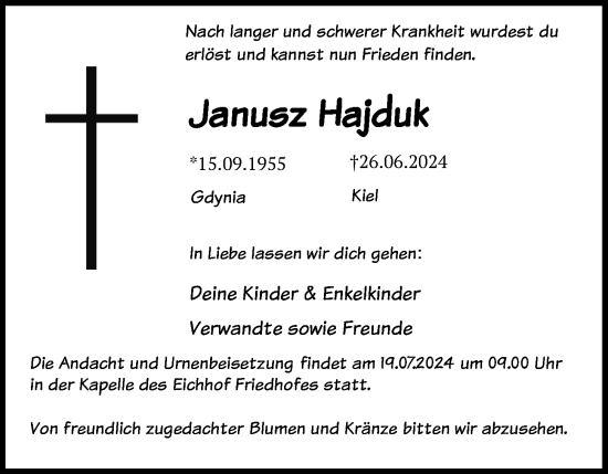 Traueranzeige von Janusz Hajduk von Kieler Nachrichten