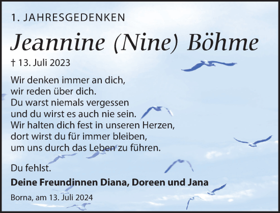 Traueranzeige von Jeannine Böhme von Leipziger Volkszeitung