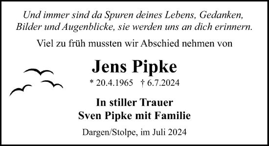Traueranzeige von Jens Pipke von Ostsee-Zeitung GmbH