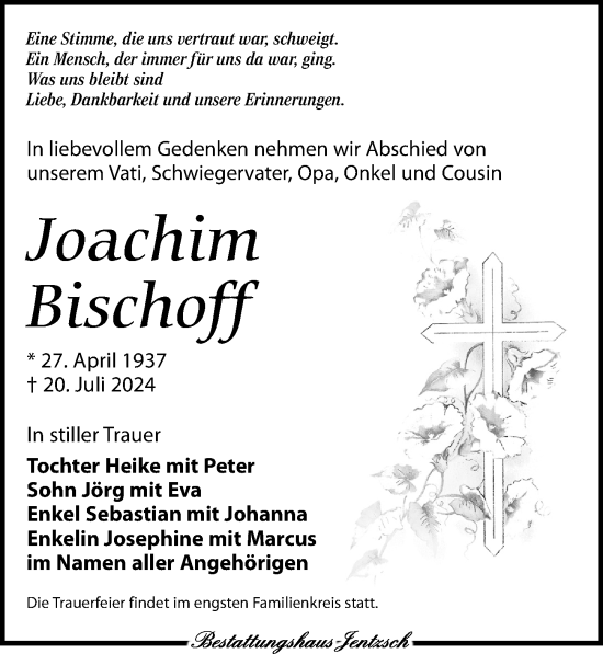 Traueranzeige von Joachim Bischoff von Leipziger Volkszeitung