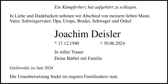 Traueranzeige von Joachim Deisler von Ostsee-Zeitung GmbH