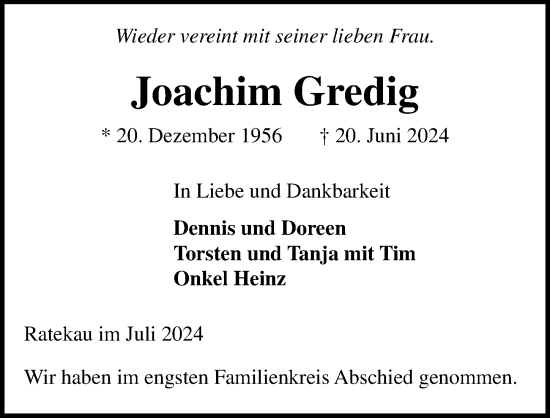 Traueranzeige von Joachim Gredig von Lübecker Nachrichten