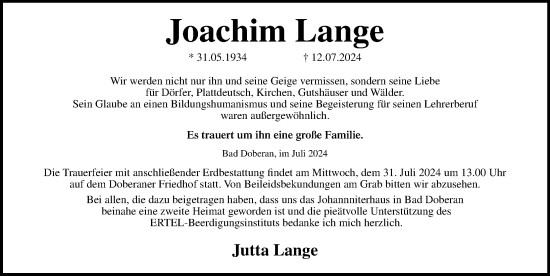 Traueranzeige von Joachim Lange von Ostsee-Zeitung GmbH