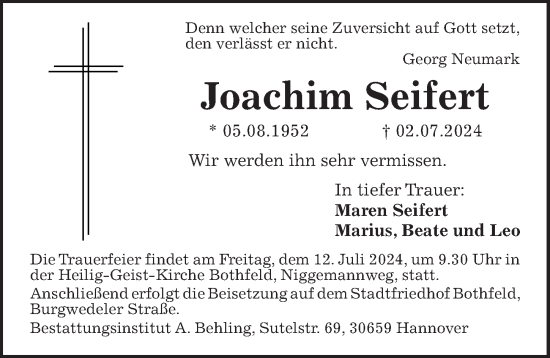 Traueranzeige von Joachim Seifert von Hannoversche Allgemeine Zeitung/Neue Presse
