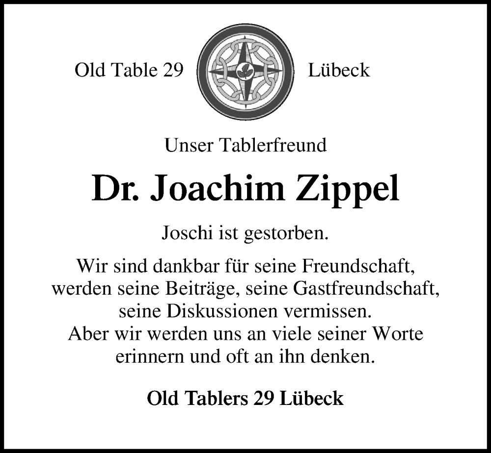  Traueranzeige für Joachim Zippel vom 14.07.2024 aus Lübecker Nachrichten