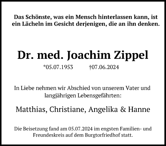 Traueranzeige von Joachim Zippel von Lübecker Nachrichten