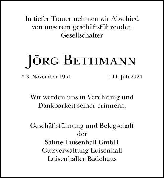 Traueranzeige von Jörg Bethmann von Göttinger Tageblatt