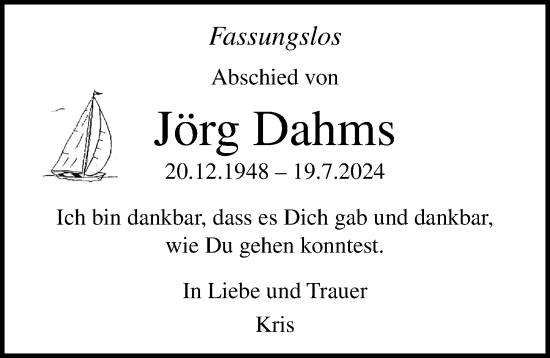 Traueranzeige von Jörg Dahms von Ostsee-Zeitung GmbH