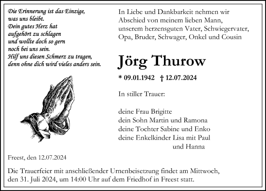 Traueranzeige von Jörg Thurow von Ostsee-Zeitung GmbH